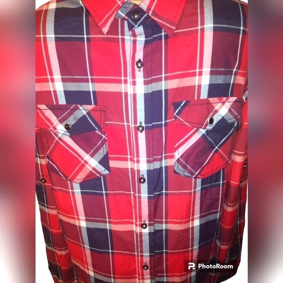 Eighty Eight Platinum L Red Plaid Western Shirt With Snap Pockets Tab Sleeves - Picture 3 of 5